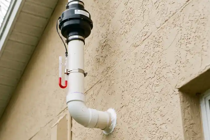Radon fan and manometer gauge mounted on the exterior wall of a Florida stucco home